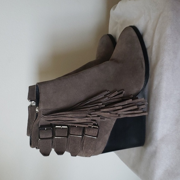 The Kooples fringe buckle genuine leather ankle booties, gray, women's 40 - Picture 5 of 12